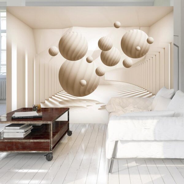 Fototapeta - Abstrakcja 3D - beżowe kule z cieniem w jasnej przestrzeni z kolumnami