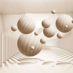 Fototapeta - Abstrakcja 3D - beżowe kule z cieniem w jasnej przestrzeni z kolumnami