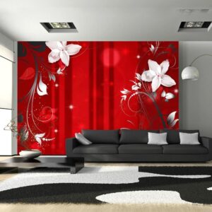 Fototapeta - Abstrakcja w czerwieni - motyw białych kwiatów z deseniami i blaskiem
