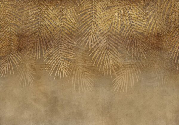 Fototapeta - Abstrakcyjna natura w beżu - kompozycja ze złotymi egzotycznymi liśćmi
