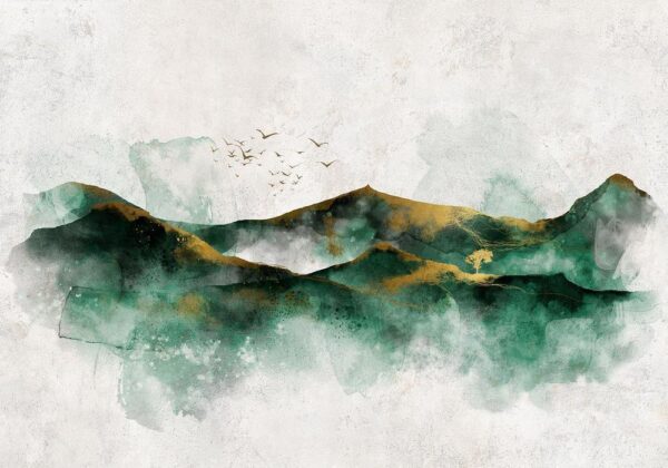 Fototapeta - Abstrakcyjny krajzielone góry ze złotymi deseniami i ptakami