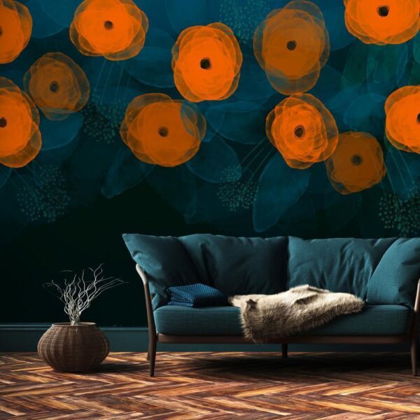 Fototapeta - Akwarelowa kompozycja - pomarańczowe desenie na delikatnym tle z liści