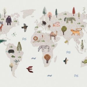Fototapeta - Beżowy świat - kontynenty ze zwierzątkami w stonowanej kolorystyce