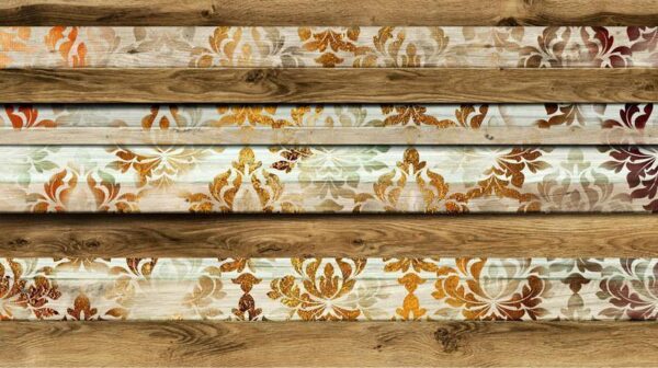 Fototapeta - Drewniana elegancja - tło z motywem drewna i biało-złotymi ornamentami