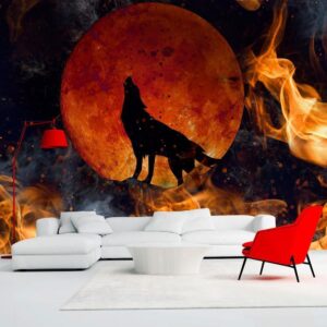 Fototapeta - Dzika natura - wilk na tle czerwonego księżyca w płomieniach ognia
