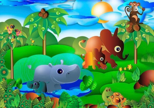 Fototapeta - Dzikie zwierzęta w dżungli - słoń małpa żółw z drzewami dla dzieci