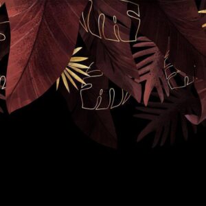 Fototapeta - Dżungla i kompozycja - motyw czerwonych i złotych liści na czarnym tle