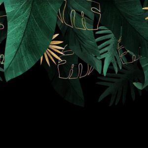 Fototapeta - Dżungla i kompozycja - motyw zielonych i złotych liście na czarnym tle