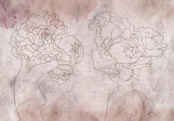 Fototapeta - Florystyczna abstrakcja - sylwetki ludzi w stylu lineart z kwiatami