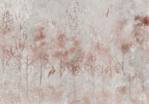 Fototapeta - Jesienny pejzaż - abstrakcja z drzewami i ptakami na tle z teksturą