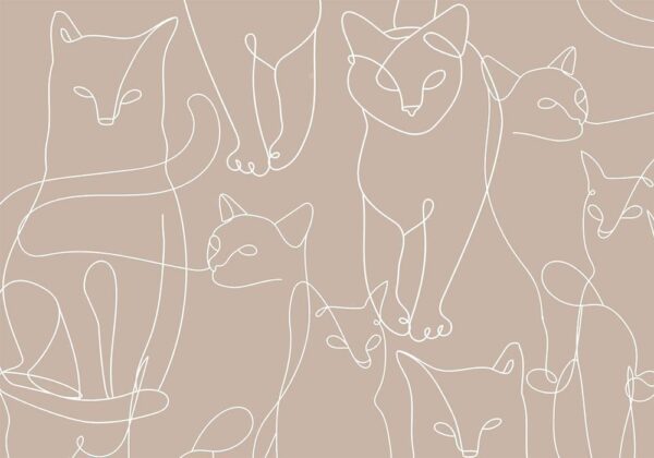 Fototapeta - Koci lineart - minimalistyczne szkice białych kotów na beżowym tle