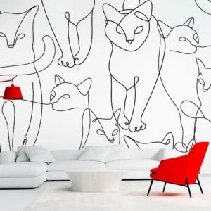 Fototapeta - Koci lineart - minimalistyczne szkice czarnych kotów na białym tle
