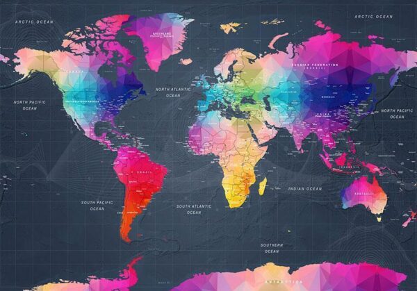 Fototapeta - Kolorowa mapa świata - geometryczny zarys z napisami po angielsku