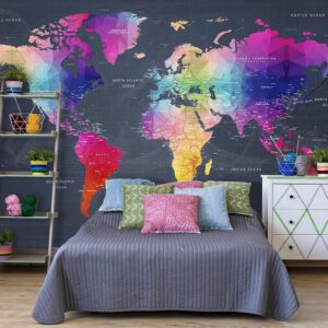 Fototapeta - Kolorowa mapa świata - geometryczny zarys z napisami po angielsku