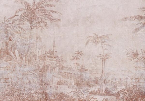 Fototapeta - Krajobraz ze świątynią - rycina indyjskiej architektury z palmami