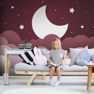 Fototapeta - Księżycowy sen - chmury na bordowym niebie z gwiazdami dla dzieci