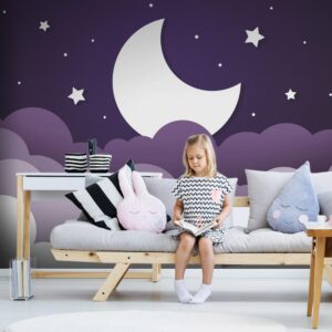 Fototapeta - Księżycowy sen - chmury na fioletowym niebie z gwiazdami dla dzieci
