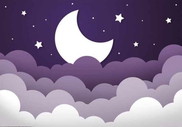 Fototapeta - Księżycowy sen - chmury na fioletowym niebie z gwiazdami dla dzieci