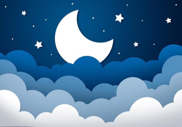 Fototapeta - Księżycowy sen - chmury na granatowym niebie z gwiazdami dla dzieci