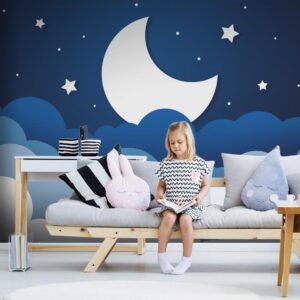 Fototapeta - Księżycowy sen - chmury na granatowym niebie z gwiazdami dla dzieci