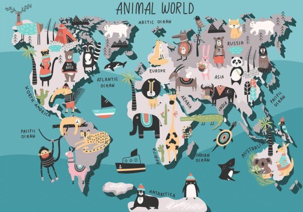 Fototapeta - Lekcja geografii dla dzieci - kolorowa mapa świata ze zwierzątkami