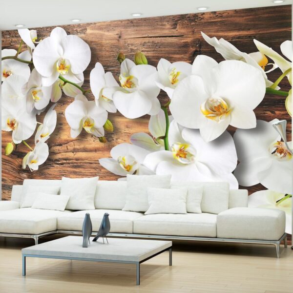 Fototapeta - Leśna orchidea - naturalne białe kwiaty na tle starego ciemnego drewna