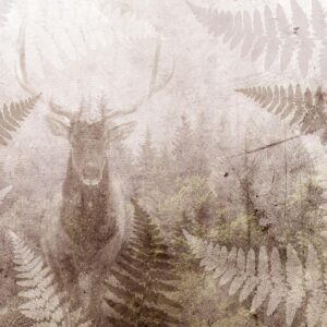 Fototapeta - Leśny motyw - jeleń z porożem wśród liści paproci na betonowym deseniu