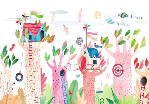 Fototapeta - Malowane domki na drzewie - kolorowa fantazja z latawcami dla dzieci