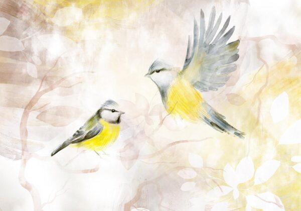 Fototapeta - Malowane sikorki - motyw ptaków z deseniami w żółto-beżowych tonach