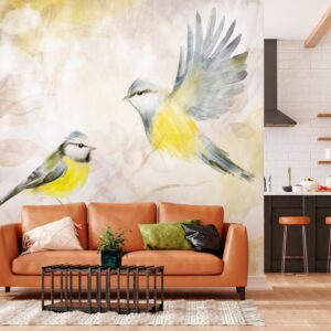 Fototapeta - Malowane sikorki - motyw ptaków z deseniami w żółto-beżowych tonach