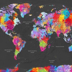 Fototapeta - Mapa świata - kolorowe kontynenty z nazwami po angielsku na szarym tle