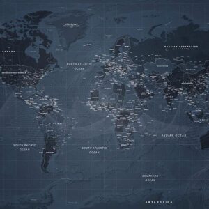 Fototapeta - Mapa świata w kolorze niebieskim - kontynenty z napisami po angielsku