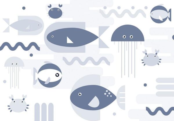 Fototapeta - Minimalistyczny ocean - geometryczne rybki i kraby w wodzie dla dzieci