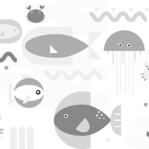 Fototapeta - Minimalistyczny szary ocean - geometryczne rybki w wodzie dla dzieci