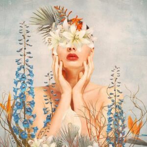 Fototapeta - Natura w myślach - postać kobiety wśród kwiatów na tle z deseniem