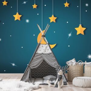 Fototapeta - Nieboskłon - pejzaż turkusowego nieba nocą z gwiazdami dla dzieci