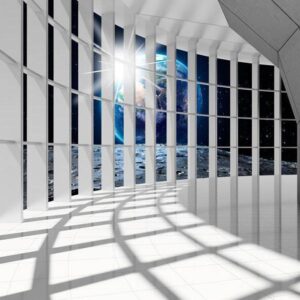 Fototapeta - Nieziemskie miasto - kosmiczny korytarz w bieli z widokiem na świat