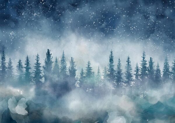Fototapeta - Nocny krajpejzaż zamglonego lasu nocą z gwiaździstym niebem