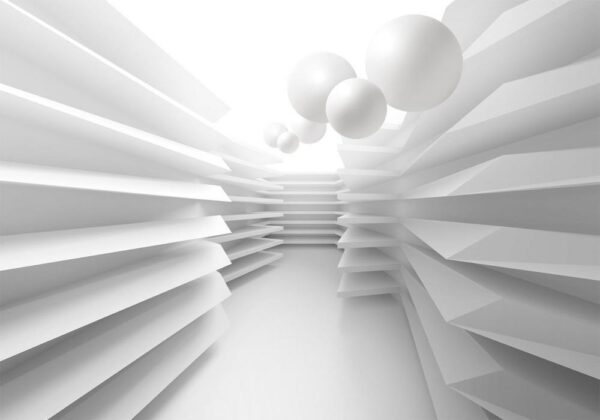 Fototapeta - Nowoczesna abstrakcja - biały korytarz z efektem przestrzeni i kulami