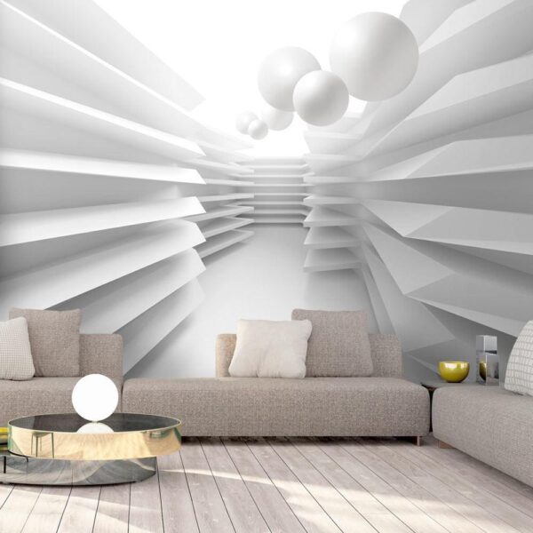 Fototapeta - Nowoczesna abstrakcja - biały korytarz z efektem przestrzeni i kulami