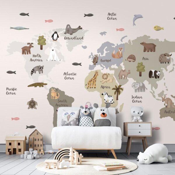 Fototapeta - Pastelowa mapa - zwierzęta i kontynenty do pokoju dziecięcego