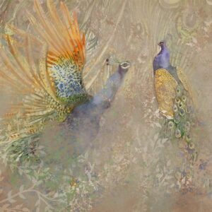 Fototapeta - Pawie w tańcu - motyw ptaków wśród abstrakcyjnego deseniu w ornamenty