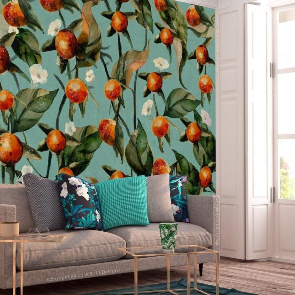 Fototapeta - Pomarańczowy gaj - motyw roślinny z owocami i liśćmi na niebieskim tle