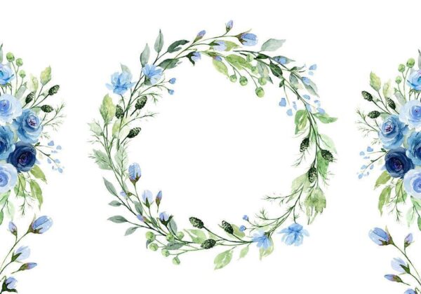 Fototapeta - Romantyczny wieniec - motyw roślinny z niebieskimi kwiatami i liśćmi