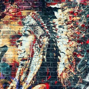 Fototapeta - Street art - kolorowe graffiti z profilem kobiety na ceglanym tle