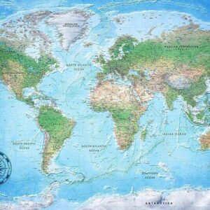 Fototapeta - Tradycyjna mapa świata - kontynenty z napisami po angielsku i kompasem