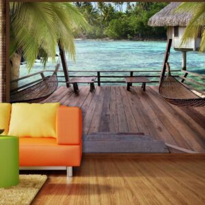 Fototapeta - Tropikalny pejzaż - turkusowa woda z palmami i drewnianymi domkami