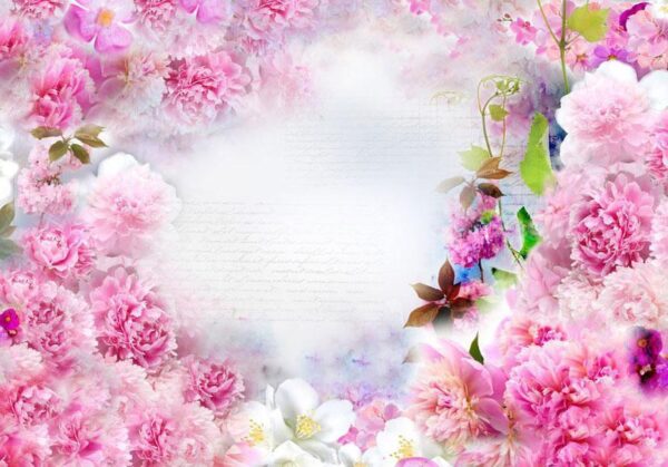 Fototapeta - Zapach goździków - abstrakcyjny motyw kwiatów z napisami i chmurami