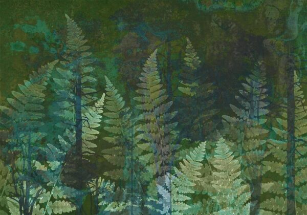 Fototapeta - Zielona abstrakcja w lesie - liście paproci w kniejach z deseniami