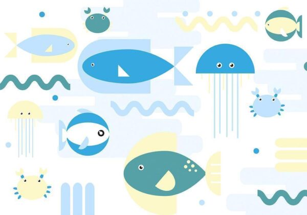 Fototapeta - Zwierzęta w morzu - geometryczne niebieskie rybki w wodzie dla dzieci